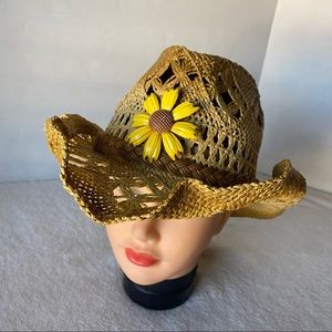 Cowgirl Hat Sunflower Vintage Pin Detail & Braided Belt. Western/Boho/Festival